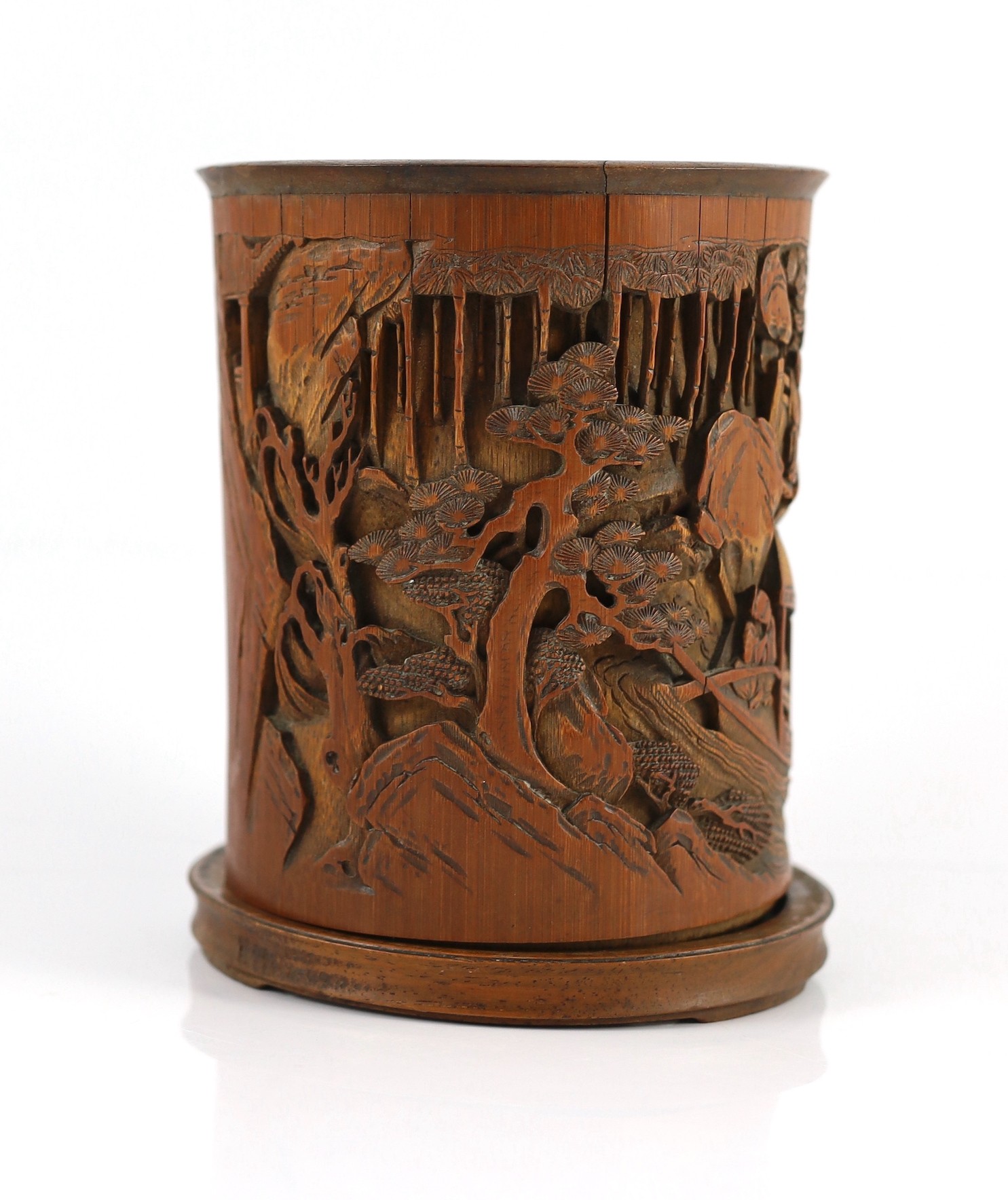 A Chinese bamboo and hongmu ‘scholars’ brushpot, bitong, 18th century, 16.5cm high, 13.5cm wide at base